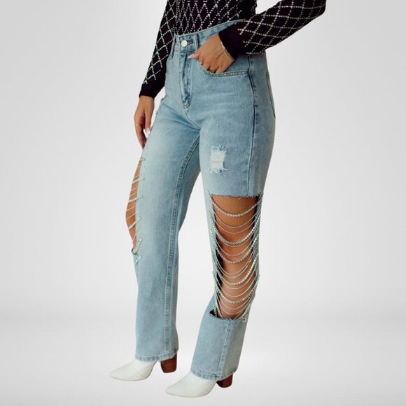 Concert Ready Rhinestone Jeans - Side Panel Cutout - Size Large (8/10) - Picture 6 of 7